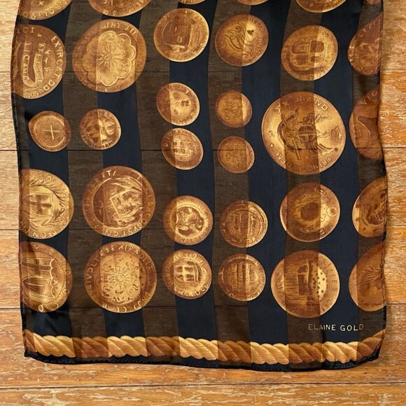 Vintage Ancient Coin Print Scarf 1990s Elaine Gold Novelty Coins Neckscarf - Picture 2 of 5